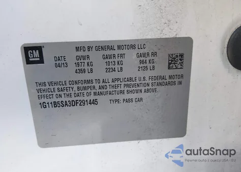 2013 Chevrolet Malibu 1Ls z USA, uszkodzony, nr VIN 1G11B5SA3DF291445